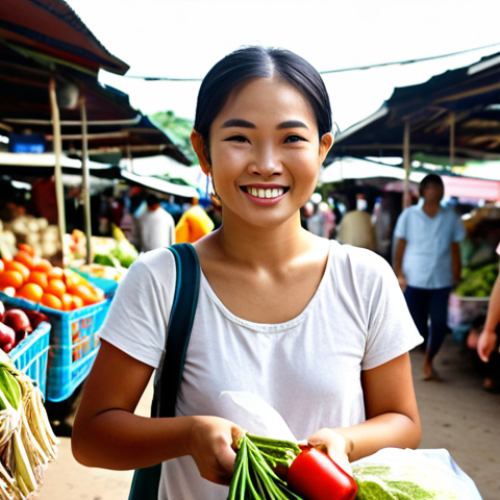 **

A young Thai woman smiling while shopping at a local market, carrying reusable shopping bags filled with fresh produce. Vendors are visible in the background, also promoting sustainable practices. Bright, sunny day. Focus on eco-friendly lifestyle in Thailand.

**