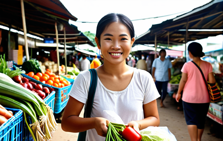 **

A young Thai woman smiling while shopping at a local market, carrying reusable shopping bags filled with fresh produce. Vendors are visible in the background, also promoting sustainable practices. Bright, sunny day. Focus on eco-friendly lifestyle in Thailand.

**