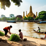 **Prompt:** A vibrant scene in Bangkok showing people of all ages planting trees along the Chao Phraya River, with iconic Thai temples in the background. The image emphasizes community, environmental responsibility, and the beauty of Thailand. Sunlight filtering through the trees creates a hopeful atmosphere. The image is in a realistic painting style.