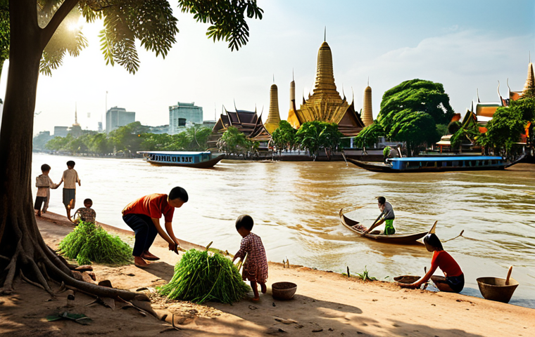 **Prompt:** A vibrant scene in Bangkok showing people of all ages planting trees along the Chao Phraya River, with iconic Thai temples in the background. The image emphasizes community, environmental responsibility, and the beauty of Thailand. Sunlight filtering through the trees creates a hopeful atmosphere. The image is in a realistic painting style.