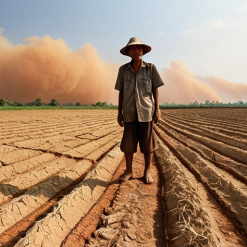 **

Prompt: A parched rice field under a blazing sun in Isan, Thailand. Cracked earth, withered crops. In the distance, a Thai farmer looks despondently at the failed harvest. Focus on the extreme heat and dryness. Dramatic sky, perhaps with a distant dust storm. Keywords: drought, climate change, Thai agriculture, hardship, Isan.

**
