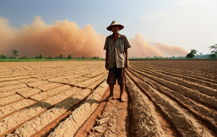 **

Prompt: A parched rice field under a blazing sun in Isan, Thailand. Cracked earth, withered crops. In the distance, a Thai farmer looks despondently at the failed harvest. Focus on the extreme heat and dryness. Dramatic sky, perhaps with a distant dust storm. Keywords: drought, climate change, Thai agriculture, hardship, Isan.

**