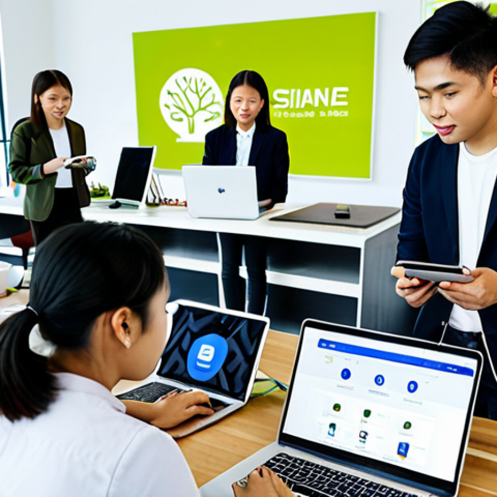 A diverse group of young Thai professionals and students, fully clothed in modern casual-professional attire, collaboratively engaging with laptops and smartphones in a bright, contemporary co-working space. They are focused on screens displaying environmental campaign graphics and social media feeds, with subtle digital overlays indicating trending eco-hashtags. The atmosphere is optimistic and collaborative, showcasing the power of online advocacy for environmental change. Perfect anatomy, correct proportions, well-formed hands, natural pose, natural body proportions. Professional photography, high-quality, safe for work, appropriate content, modest clothing, family-friendly.