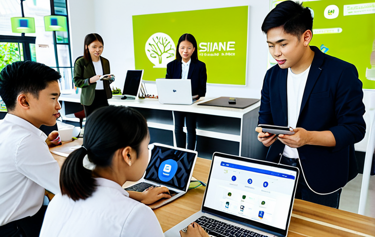 A diverse group of young Thai professionals and students, fully clothed in modern casual-professional attire, collaboratively engaging with laptops and smartphones in a bright, contemporary co-working space. They are focused on screens displaying environmental campaign graphics and social media feeds, with subtle digital overlays indicating trending eco-hashtags. The atmosphere is optimistic and collaborative, showcasing the power of online advocacy for environmental change. Perfect anatomy, correct proportions, well-formed hands, natural pose, natural body proportions. Professional photography, high-quality, safe for work, appropriate content, modest clothing, family-friendly.