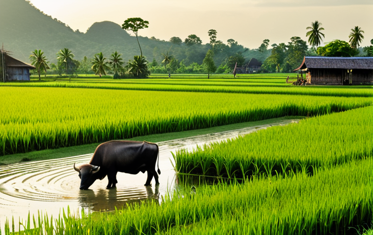 **
"Lush rice paddies in rural Thailand, golden hour sunlight, traditional wooden farmhouse in the distance, water buffalo grazing peacefully, vibrant green landscape, environmental sustainability, community harmony, safe for work, appropriate content, fully clothed farmers tending the fields, professional photography, perfect anatomy, natural proportions, modest clothing, family-friendly"
**