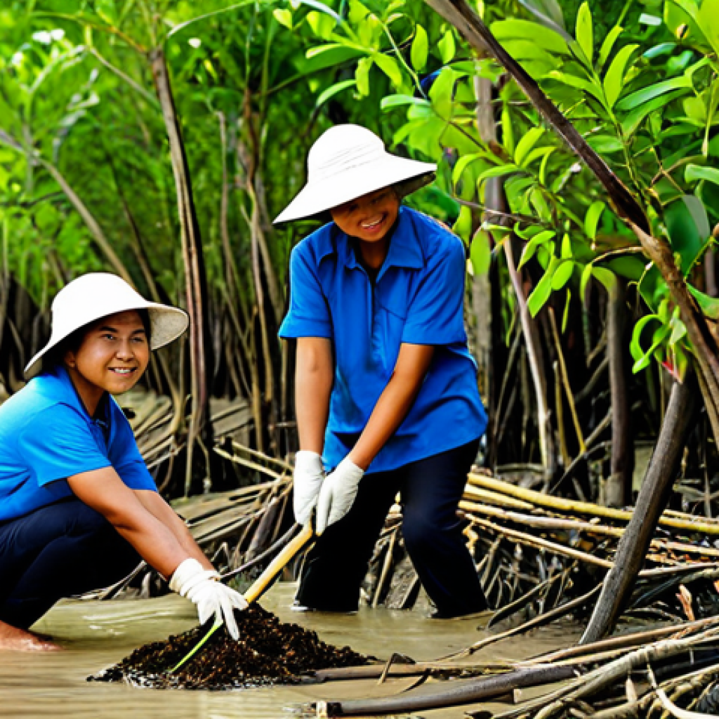 Community Action for a Greener Thailand**

"A vibrant scene of Thai people planting trees in a mangrove forest, fully clothed, appropriate attire. Focus on teamwork and community spirit, featuring diverse ages and backgrounds. Background shows a healthy coastal ecosystem. Environmental activism, safe for work, perfect anatomy, natural proportions, professional photography, high quality, family-friendly."

**