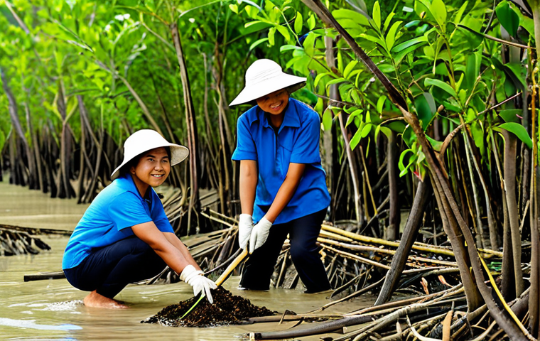 Community Action for a Greener Thailand**
"A vibrant scene of Thai people planting trees in a mangrove forest, fully clothed, appropriate attire. Focus on teamwork and community spirit, featuring diverse ages and backgrounds. Background shows a healthy coastal ecosystem. Environmental activism, safe for work, perfect anatomy, natural proportions, professional photography, high quality, family-friendly."
**