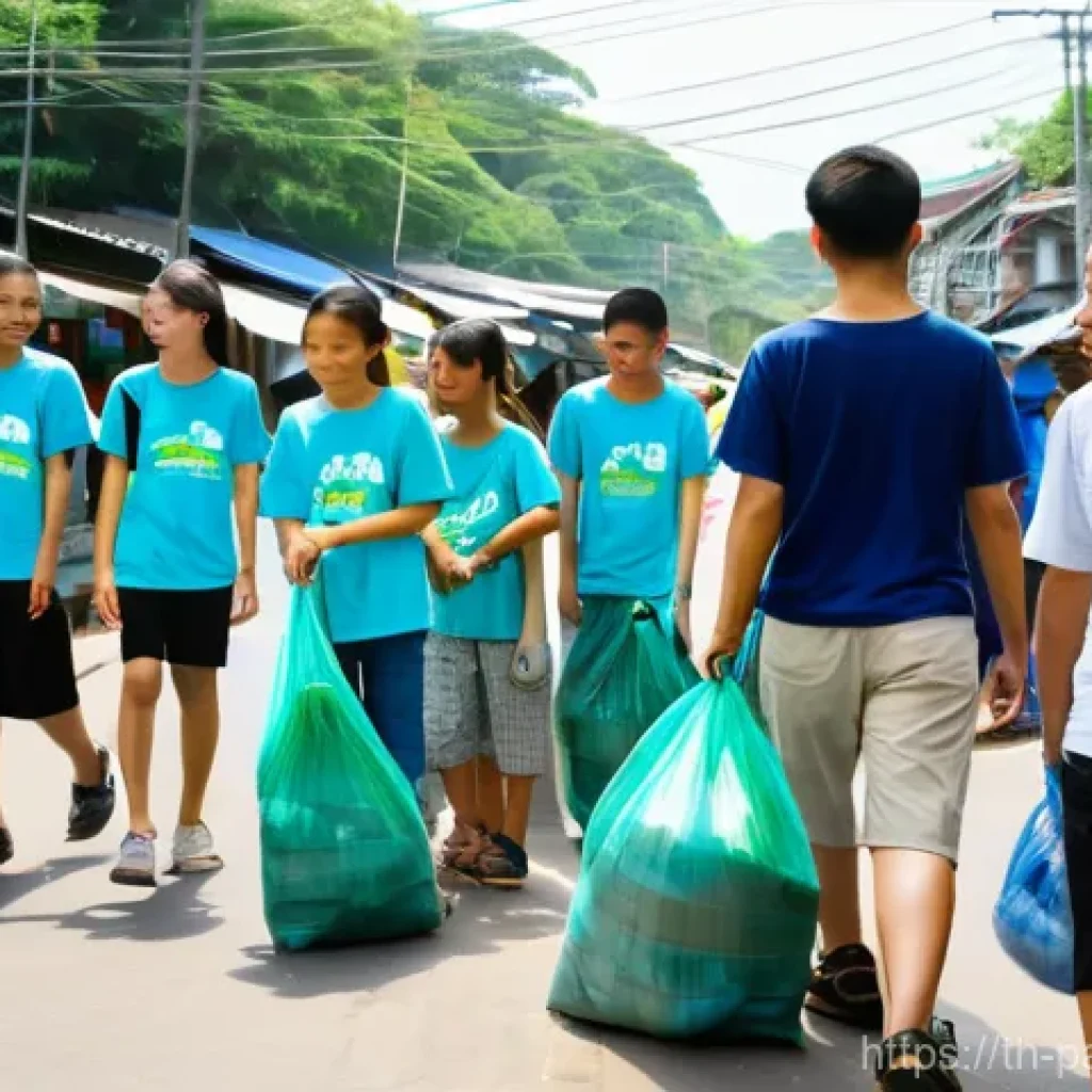 기후 위기 해결을 위한 시민과 기업의 협력 - **Prompt:** A vibrant outdoor scene in a bustling Thai community, showcasing diverse Thai citizens o...