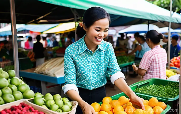 기후 변화에 대응하는 혁신적인 시민 모델 - **Prompt:** "A vibrant, optimistic scene in a bustling, clean open-air market in Thailand. A diverse...