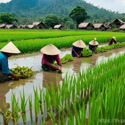 Home 22 기후 변화 대응을 위한 지역 사회의 리더십 - **Prompt:** A vibrant, bustling scene in a rural Northeastern Thai (Isaan) village. Elderly farmers,...