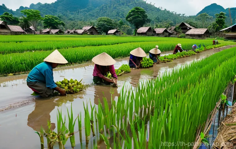 기후 변화 대응을 위한 지역 사회의 리더십 - **Prompt:** A vibrant, bustling scene in a rural Northeastern Thai (Isaan) village. Elderly farmers,...