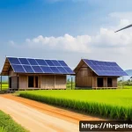 기후 위기 대응을 위한 전환적 정책 연구 - A vibrant rural Thai village scene showcasing clean energy adoption: traditional houses with solar p...