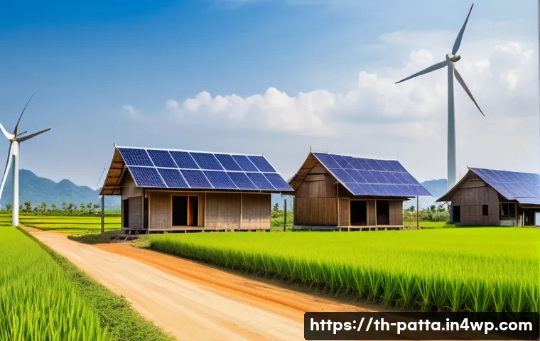 기후 위기 대응을 위한 전환적 정책 연구 - A vibrant rural Thai village scene showcasing clean energy adoption: traditional houses with solar p...