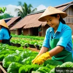 Home 21 기후 위기 대응을 위한 여성의 역할 - A vibrant community garden scene in a Thai village, featuring women wearing modest, colorful clothin...