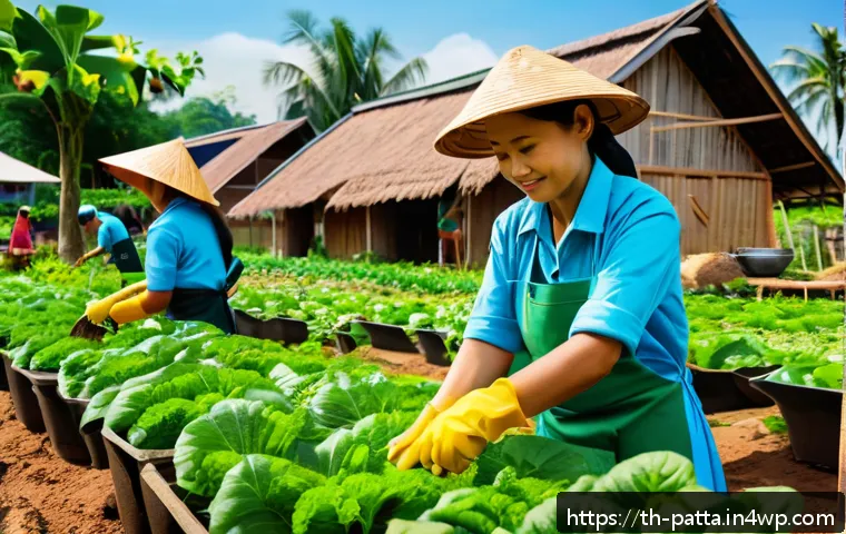 기후 위기 대응을 위한 여성의 역할 - A vibrant community garden scene in a Thai village, featuring women wearing modest, colorful clothin...