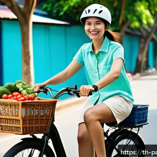Home 32 기후 위기 대응을 위한 시민의 건강과 복지 - A vibrant urban scene in Bangkok featuring a young Thai woman riding an electric bicycle along a tre...