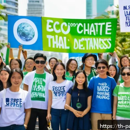 Home 30 기후 변화와 정치적 참여의 연관성 - A diverse group of young Thai activists gathered outdoors during a sunny day in Bangkok, holding eco...
