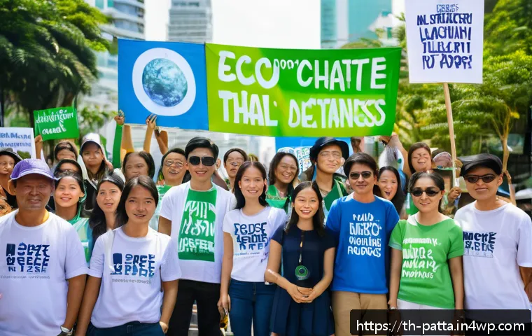 기후 변화와 정치적 참여의 연관성 - A diverse group of young Thai activists gathered outdoors during a sunny day in Bangkok, holding eco...