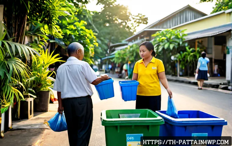 Home 29 기후 위기와 관련된 시민 행동의 심리적 요인 - Photorealistic documentary-style scene in a Bangkok neighborhood at early morning, a diverse group o...