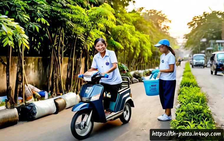 기후 변화에 대한 시민의 역할 변화 - Photorealistic Bangkok neighborhood community clean-up at sunrise, diverse Thai citizens including a...